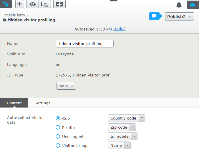 Image: Hidden visitor profiling element, Content tab